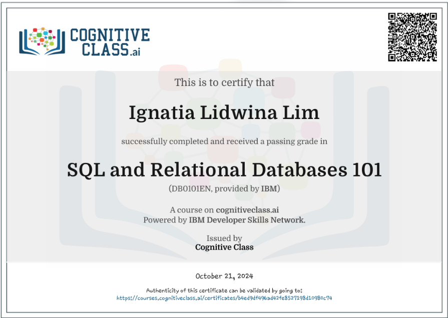SQL and Relational Databases 101 certificate